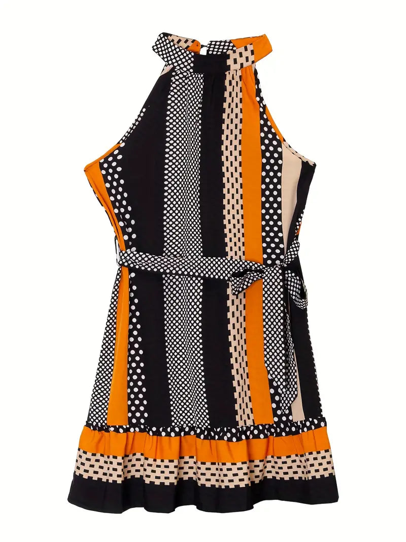 This Striped Print Halter Neck Dress offers a stylish, timeless look. It features a bold, contemporary striped pattern with an adjustable tie-neck closure for a secure fit