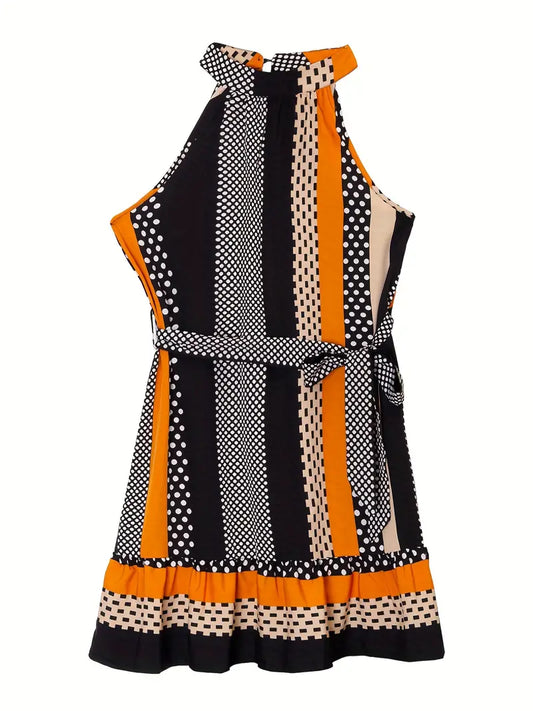 This Striped Print Halter Neck Dress offers a stylish, timeless look. It features a bold, contemporary striped pattern with an adjustable tie-neck closure for a secure fit